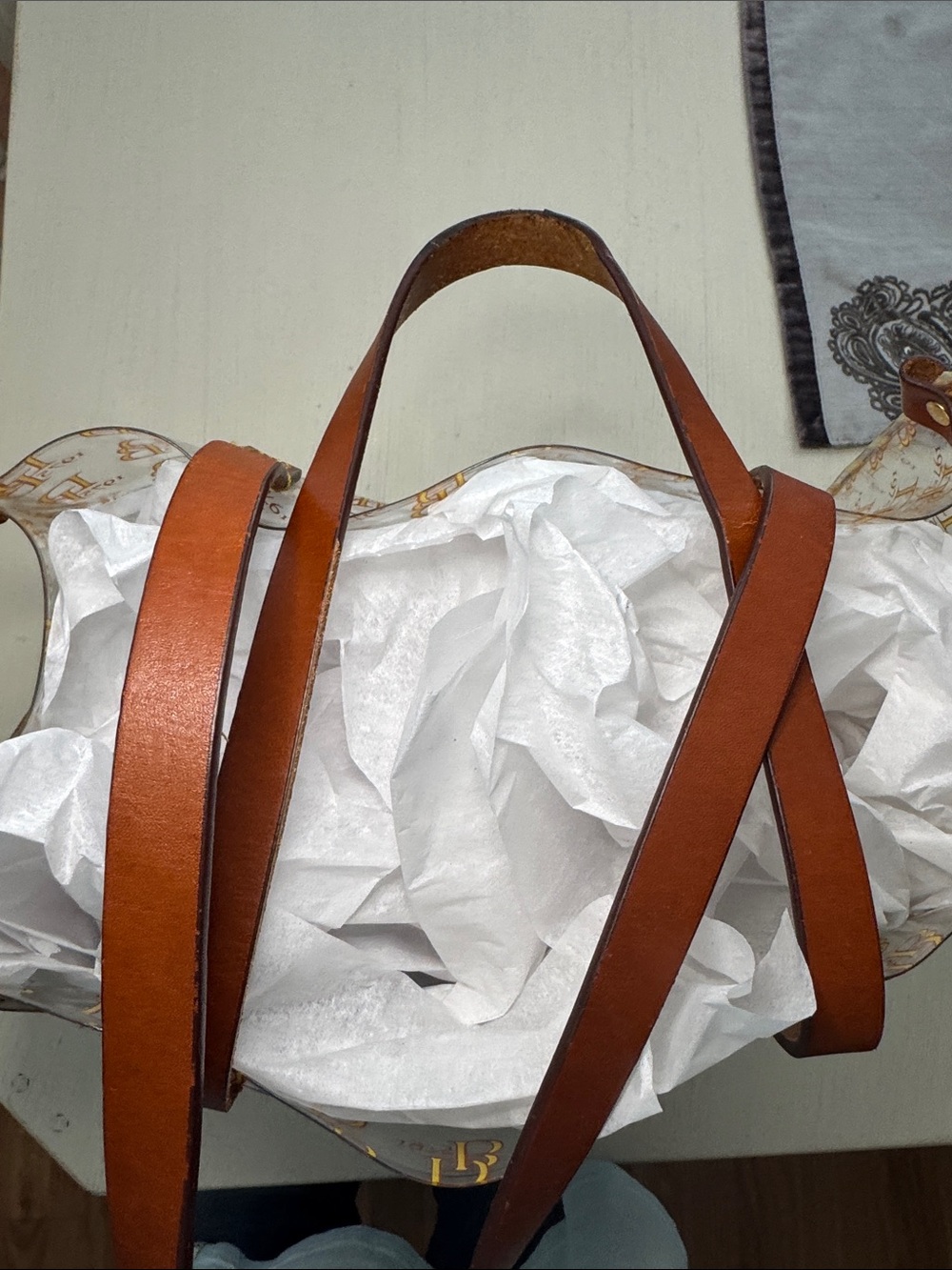 Dooney & Bourke White Tote with Brown Leather Handles and Gold Logo Print - Picture 2 of 5